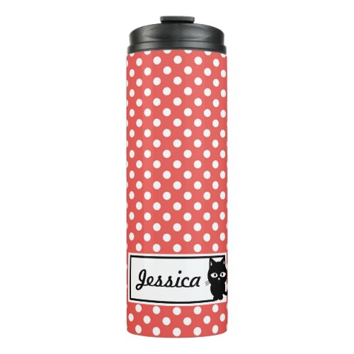 Red Polka Dot and Black Cat Personalised Thermal Tumbler