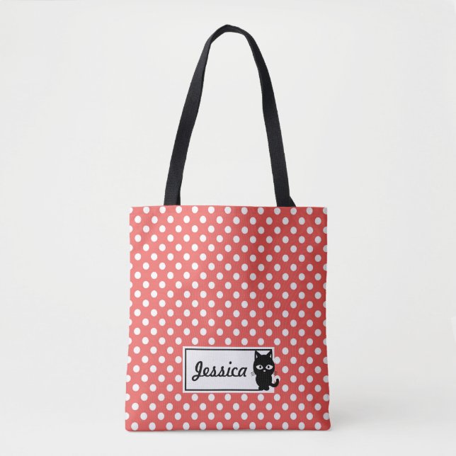Red Polka Dot and Black Cat Personalised Tote Bag (Front)