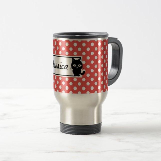 Red Polka Dot and Black Cat Personalised Travel Mug (Front Right)