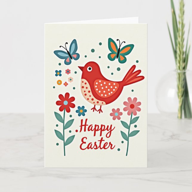 Red Polka Dot Bird Easter Card (Front)