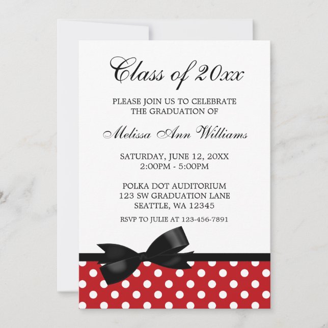 Red Polka Dot Black Bow Graduation Announcement (Front)