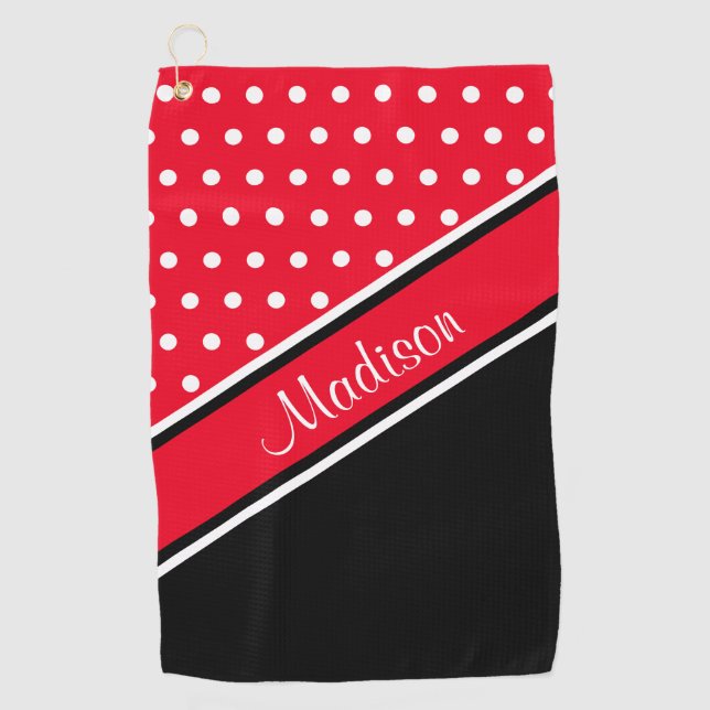 Red Polka Dot Black Diagonal Script Name Golf Towel (Front)