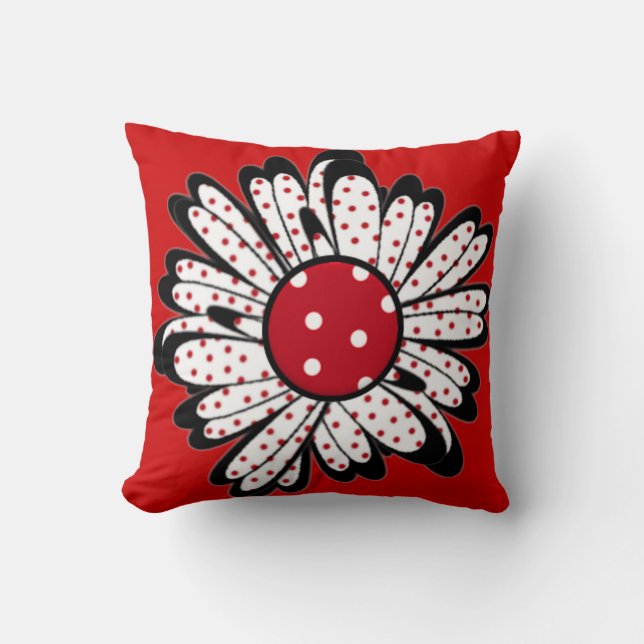 Red Polka Dot Daisy Throw Pillow (Front)