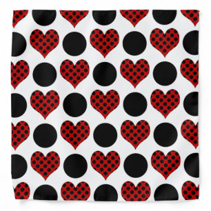 Red Polka Dot Hearts and Black Circles Pattern Bandana