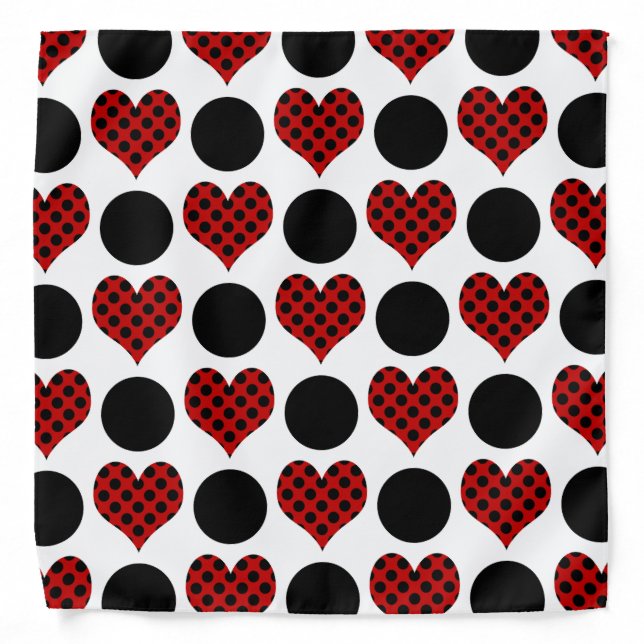 Red Polka Dot Hearts and Black Circles Pattern Bandana (Front)