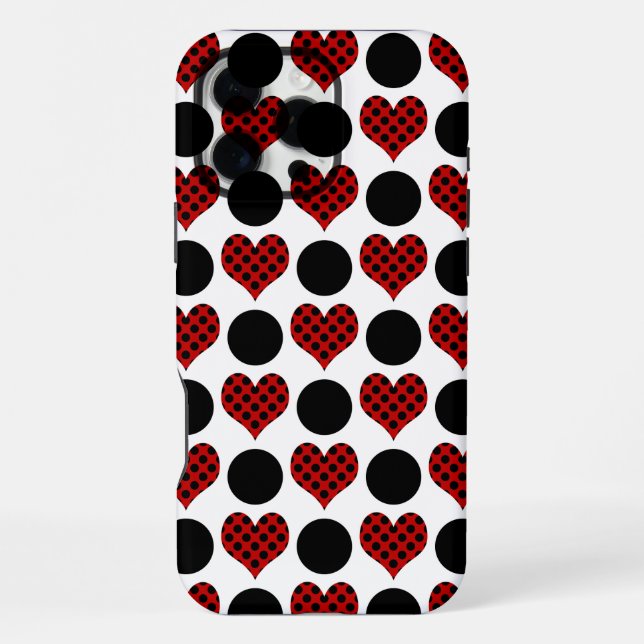 Red Polka Dot Hearts and Black Circles Pattern Iphone Case (Back)