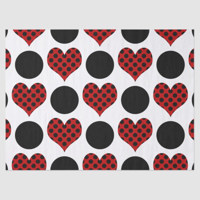 Red Polka Dot Hearts and Black Circles Pattern Tissue Paper (Front)
