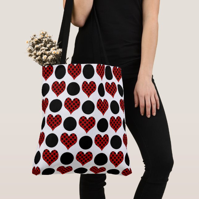 Red Polka Dot Hearts and Black Circles Pattern Tote Bag (Close Up)