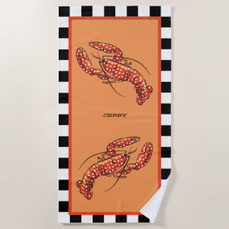 Red Polka Dot Lobster with Name Beach Towel