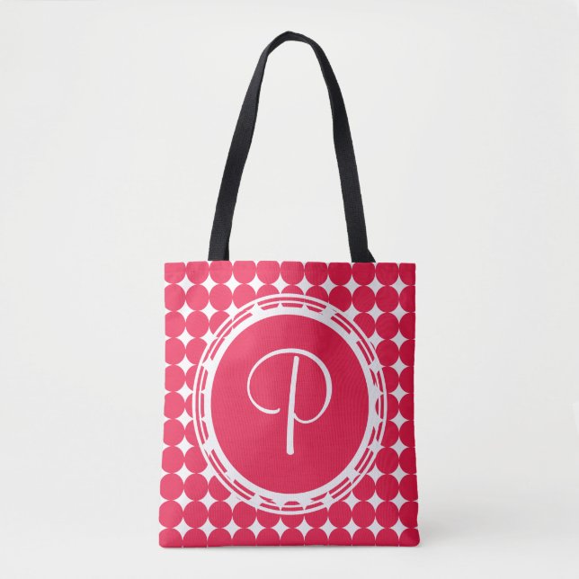 Red Polka Dot Monogram Tote Bag (Front)