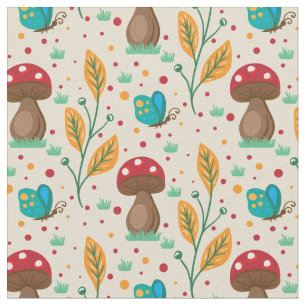 Red Polka Dot Mushrooms & Butterflies Pattern Fabric