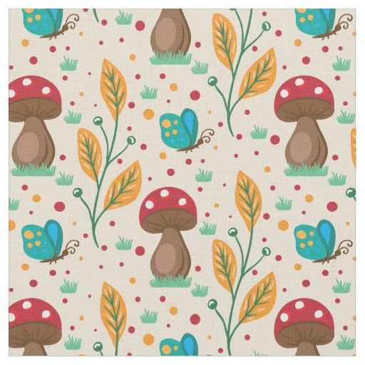 Red Polka Dot Mushrooms & Butterflies Pattern Fabric