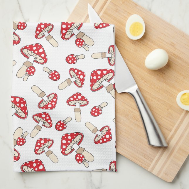 Red Polka Dot Mushrooms Kitchen Towel (Quarter Fold)