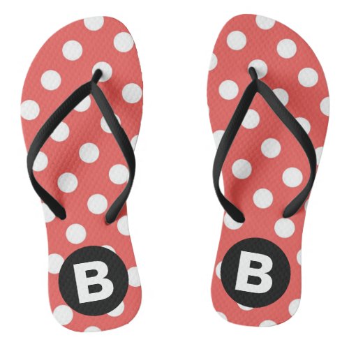 Red Polka Dot Pattern Black Monogram Flip Flops