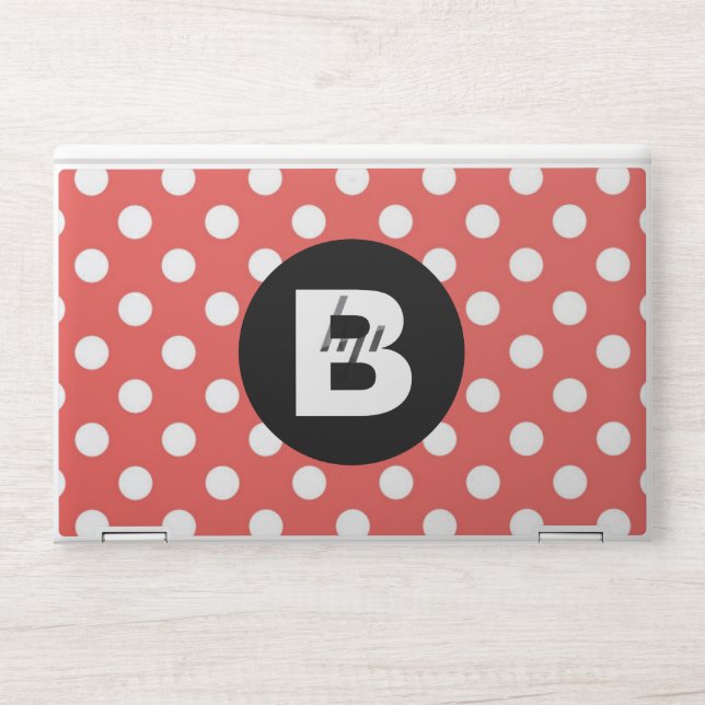 Red Polka Dot Pattern Black Monogram HP Laptop Skin (Front)