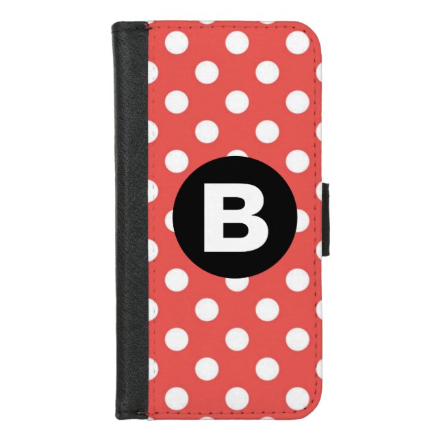 Red Polka Dot Pattern Black Monogram iPhone Wallet Case (Front)