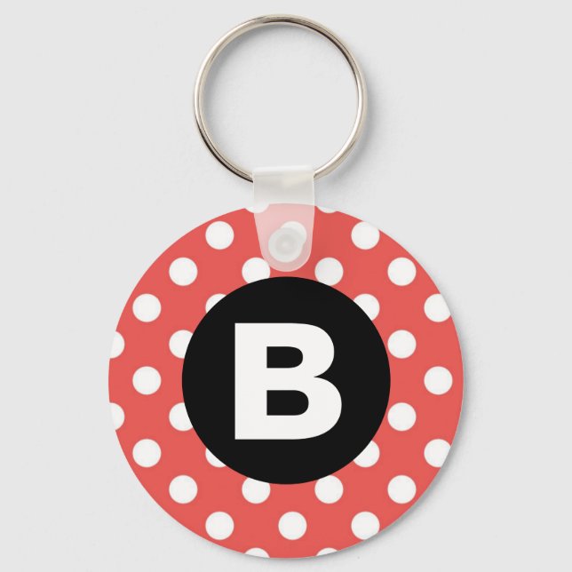 Red Polka Dot Pattern Black Monogram Keychain (Front)