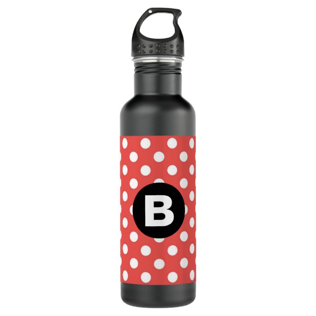 Red Polka Dot Pattern Black Monogram Stainless Steel Water Bottle (Front)