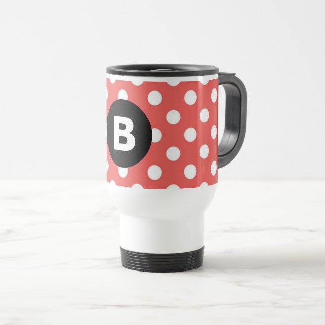 Red Polka Dot Pattern Black Monogram Travel Mug (Front Right)