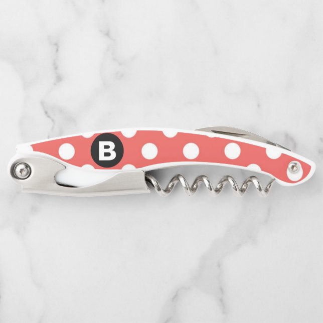 Red Polka Dot Pattern Black Monogram Waiter's Corkscrew (Front)