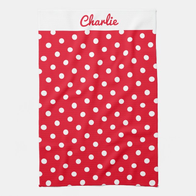 Red Polka Dot Pattern Stylish Personalized Kitchen Towel (Vertical)