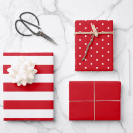Red Polka Dot Wide Striped and Solid Wrapping Paper Sheets