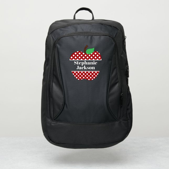 Red polka dots apple custom name teacher port authority® backpack (Front)