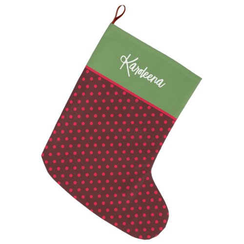 Red Polka Dots Burgundy  Green Trim Large Christmas Stocking