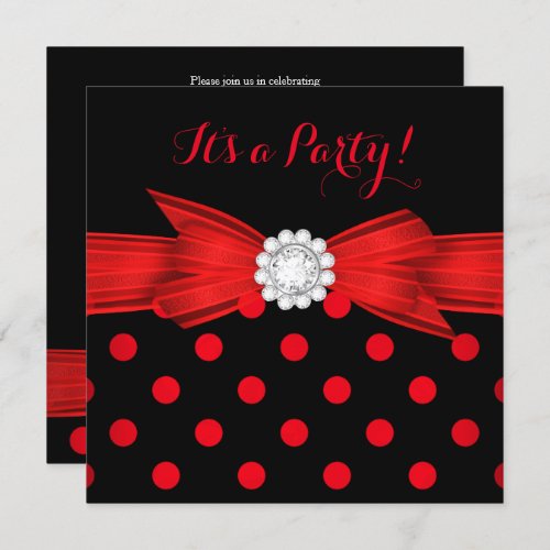 Red Polka Dots Diamond Bow Black Party Invitation