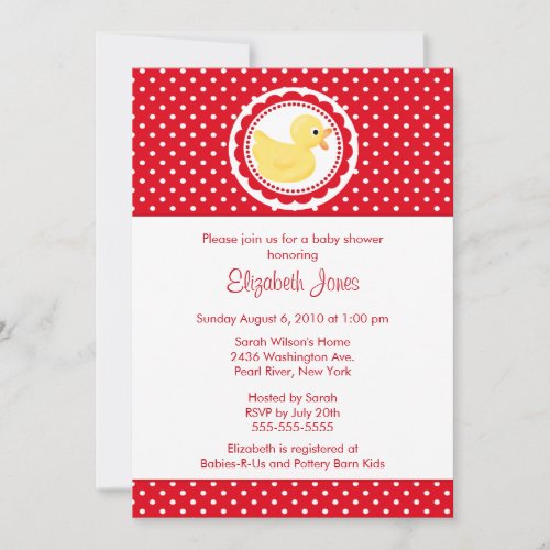 Red Polka Dots Duck Baby Shower Invitation