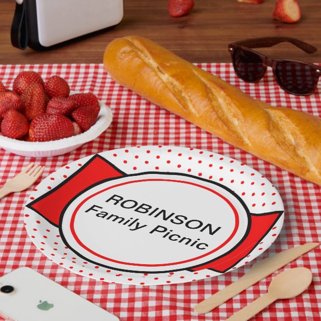 Red Polka Dots Family Picnic Name Paper Plates (Picnic)