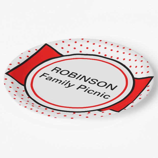 Red Polka Dots Family Picnic Name Paper Plates (Angled)