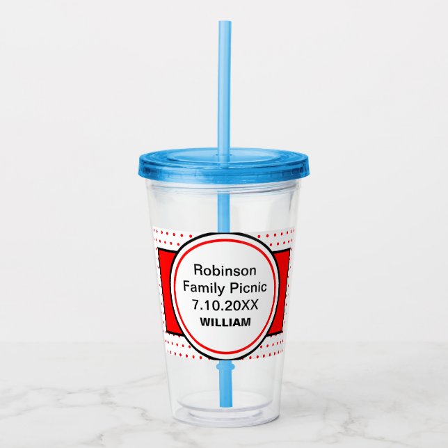 Red Polka Dots Family Picnic Personalized Name Acrylic Tumbler (Front)