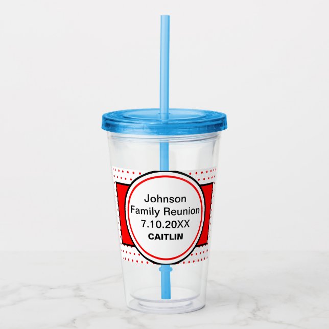 Red Polka Dots Family Reunion Personalized Name Acrylic Tumbler (Front)