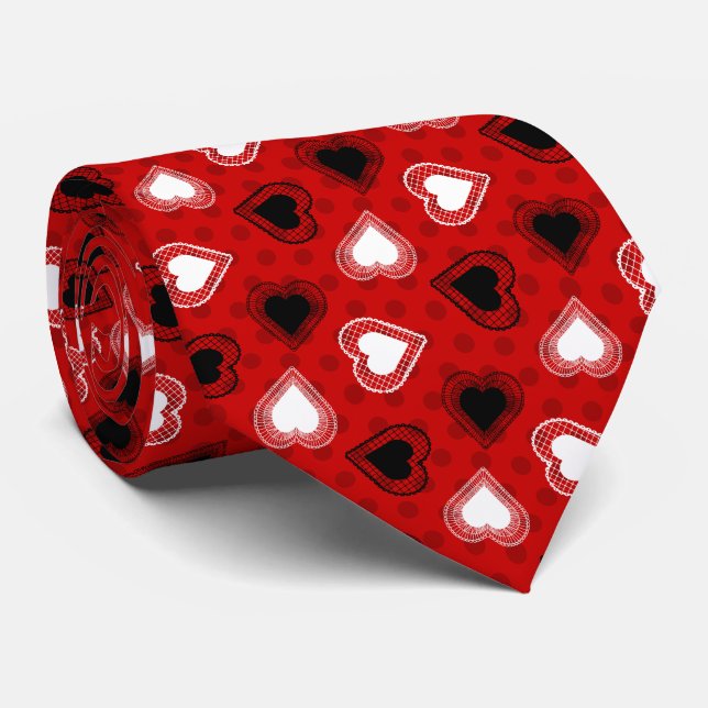 Red Polka Dots Lace Hearts Neck Tie (Rolled)
