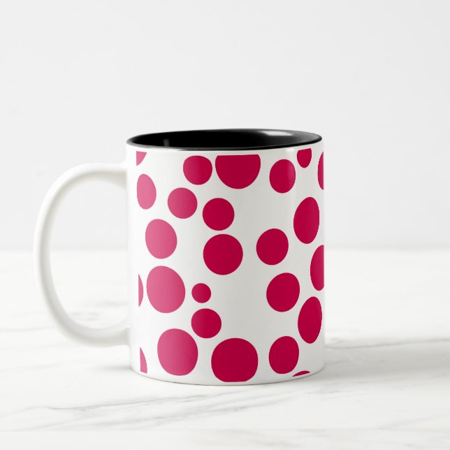 red polka dots on a white background Two-Tone coffee mug (Left)
