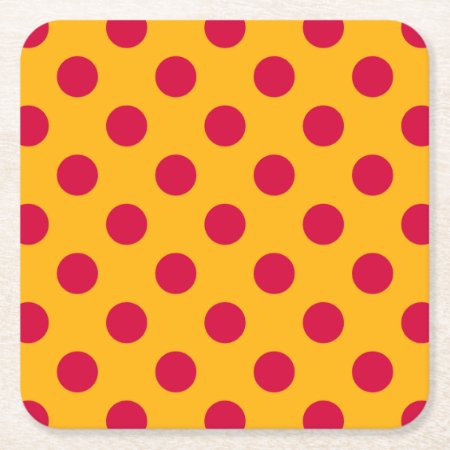 Red Polka Dots On Yellow Square Paper Coaster