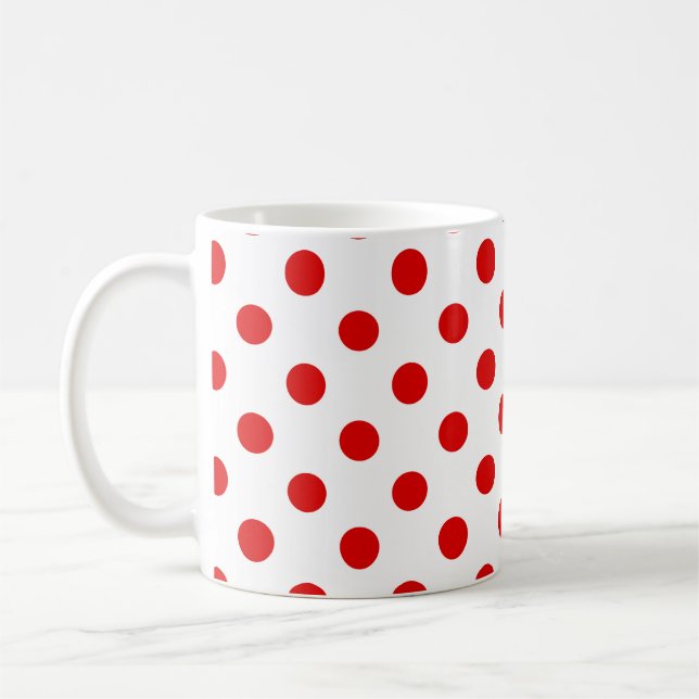 Red Polka Dots Pattern on White Background  Coffee Mug (Left)