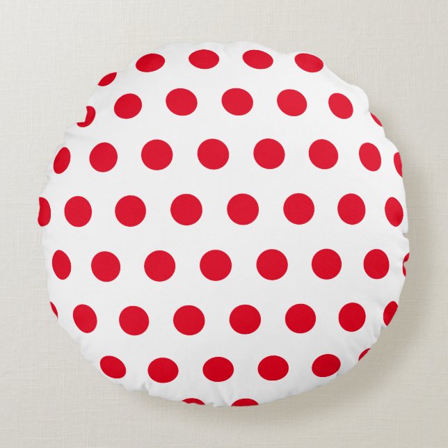 Red polka dots pattern on white round pillow (Front)