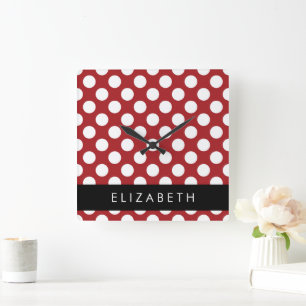 Red Polka Dots, Polka Dot Pattern, Your Name Square Wall Clock