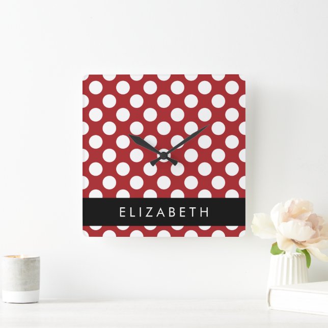 Red Polka Dots, Polka Dot Pattern, Your Name Square Wall Clock (Home)