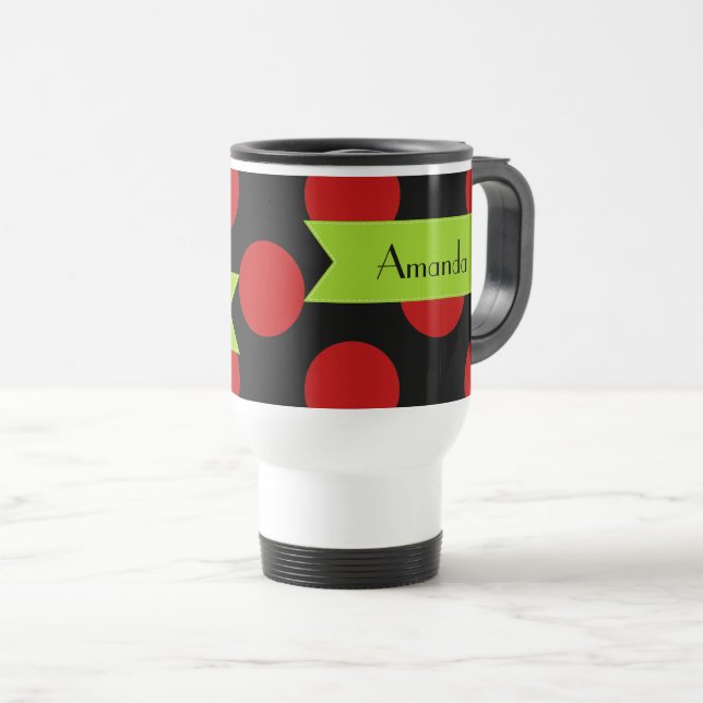 Red Polka Dots, Polka Dot Pattern, Your Name Travel Mug (Front Right)