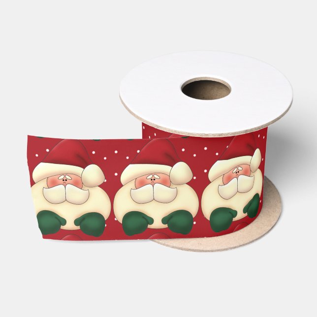 Red Polka Dots with Cartoon Santa Satin Ribbon (Spool)