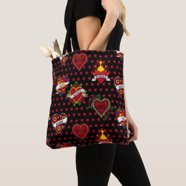 Red Polka Dotted Mom Tattoo Tote Bag (Close Up)
