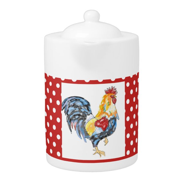 Red Polka Dotted Rooster Tea Pot (Front)