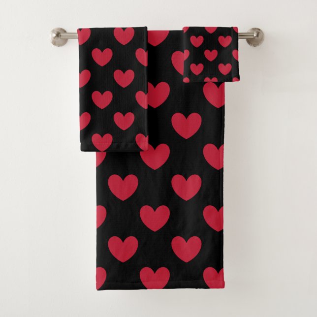 Red polka hearts on black bath towel set (Insitu)