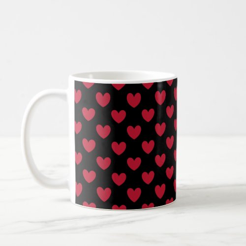 Red polka hearts on black coffee mug