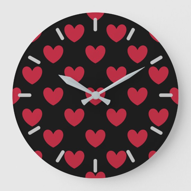 Red polka hearts on black large clock (Front)