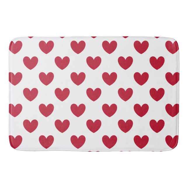 Red polka hearts on white bath mat (Front)