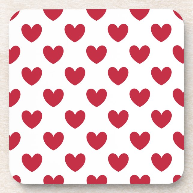 Red polka hearts on white drink coaster (Front)